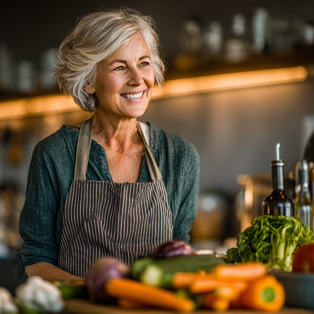 Mujer de 55 años cocinando vegetales frescos en una cocina moderna, sonriendo mientras prepara una comida saludable