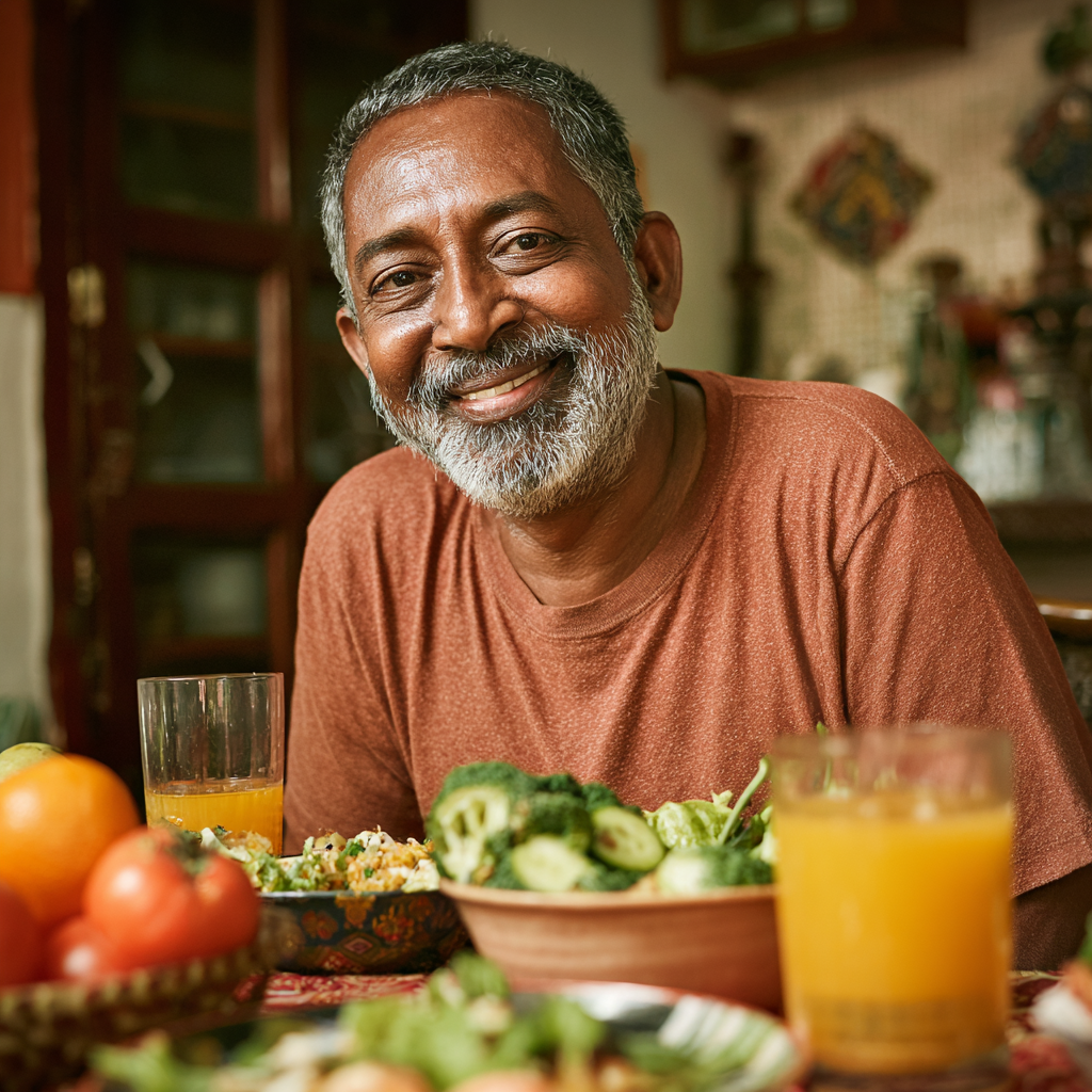 Hombre de 58 años disfrutando de una comida balanceada en su mesa familiar, con expresión de satisfacción y bienestar