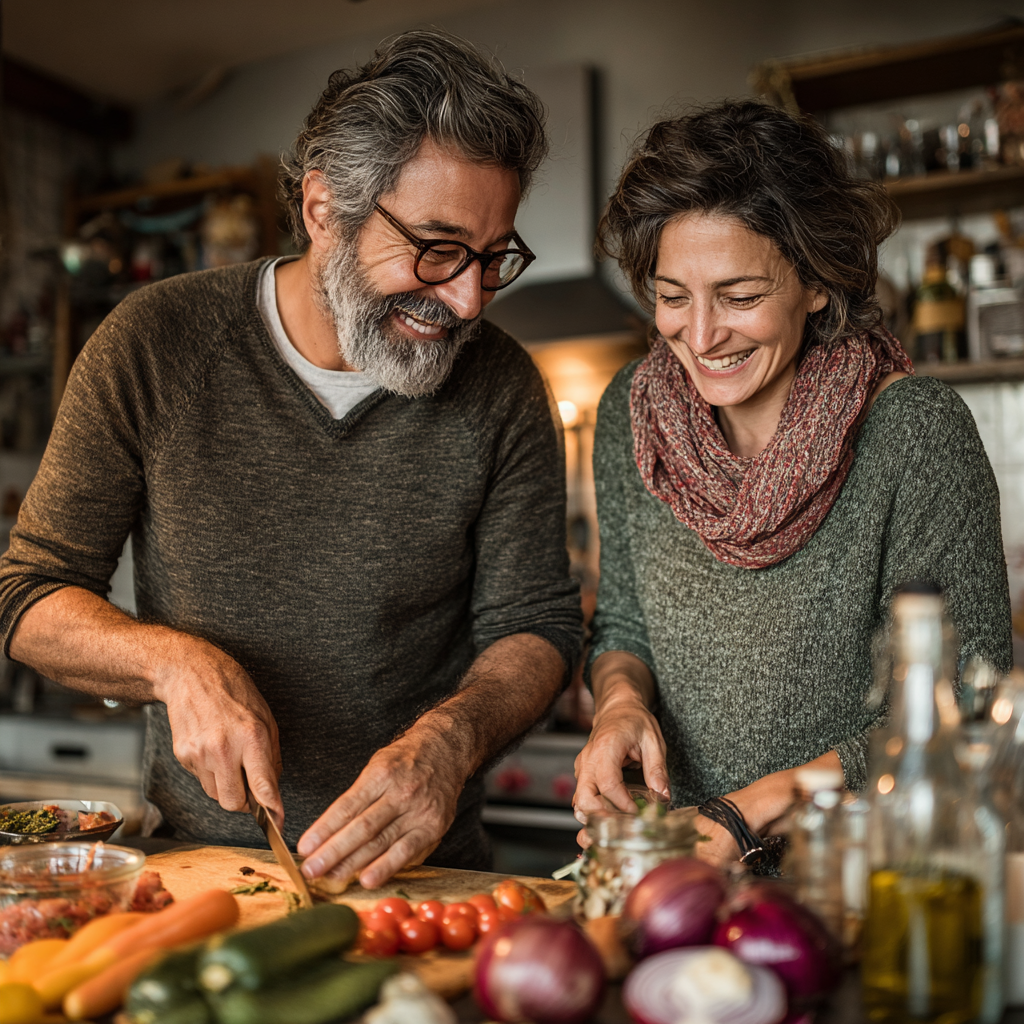 Pareja de 50 años cocinando juntos en la cocina, mostrando alegría y complicidad mientras preparan alimentos saludables