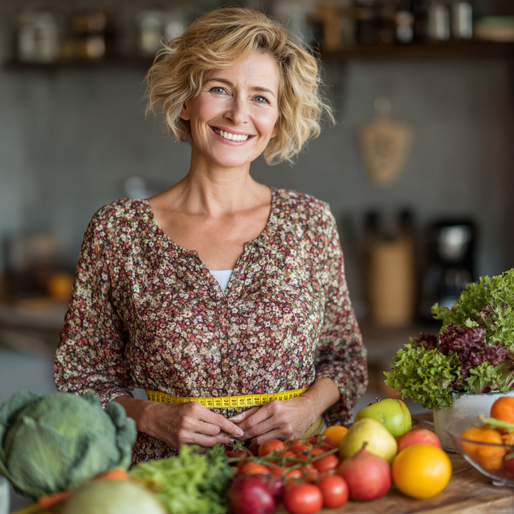 Mujer de 52 años feliz midiendo su cintura con una cinta métrica, mostrando satisfacción con sus resultados de alimentación saludable